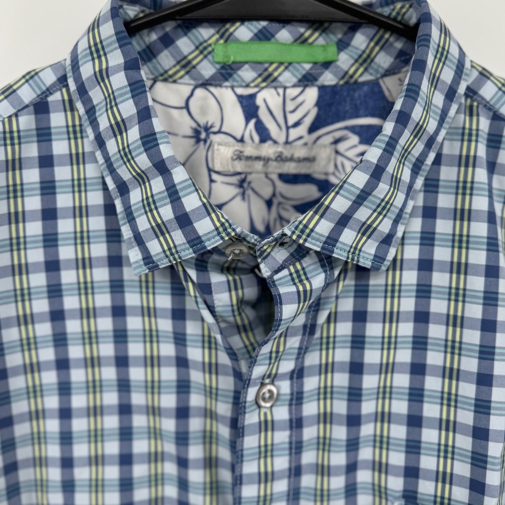 Tommy Bahama Men's Large L Button Down Shirt Blue Plaid Floral Casual